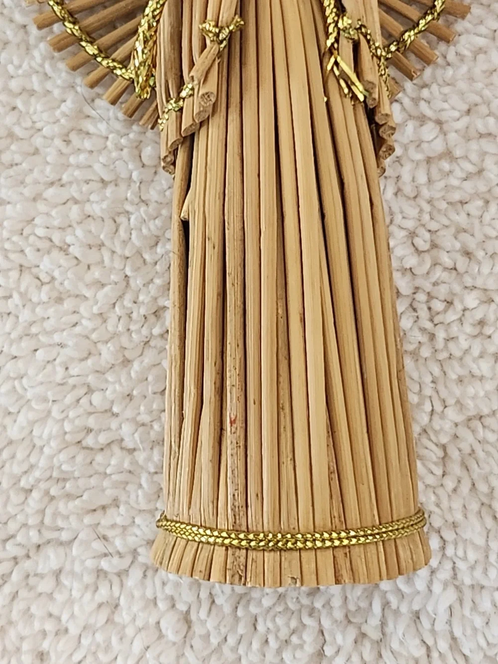 Vintage Handmade Straw Angel Ornament with Gold Trim Painted Wood Face